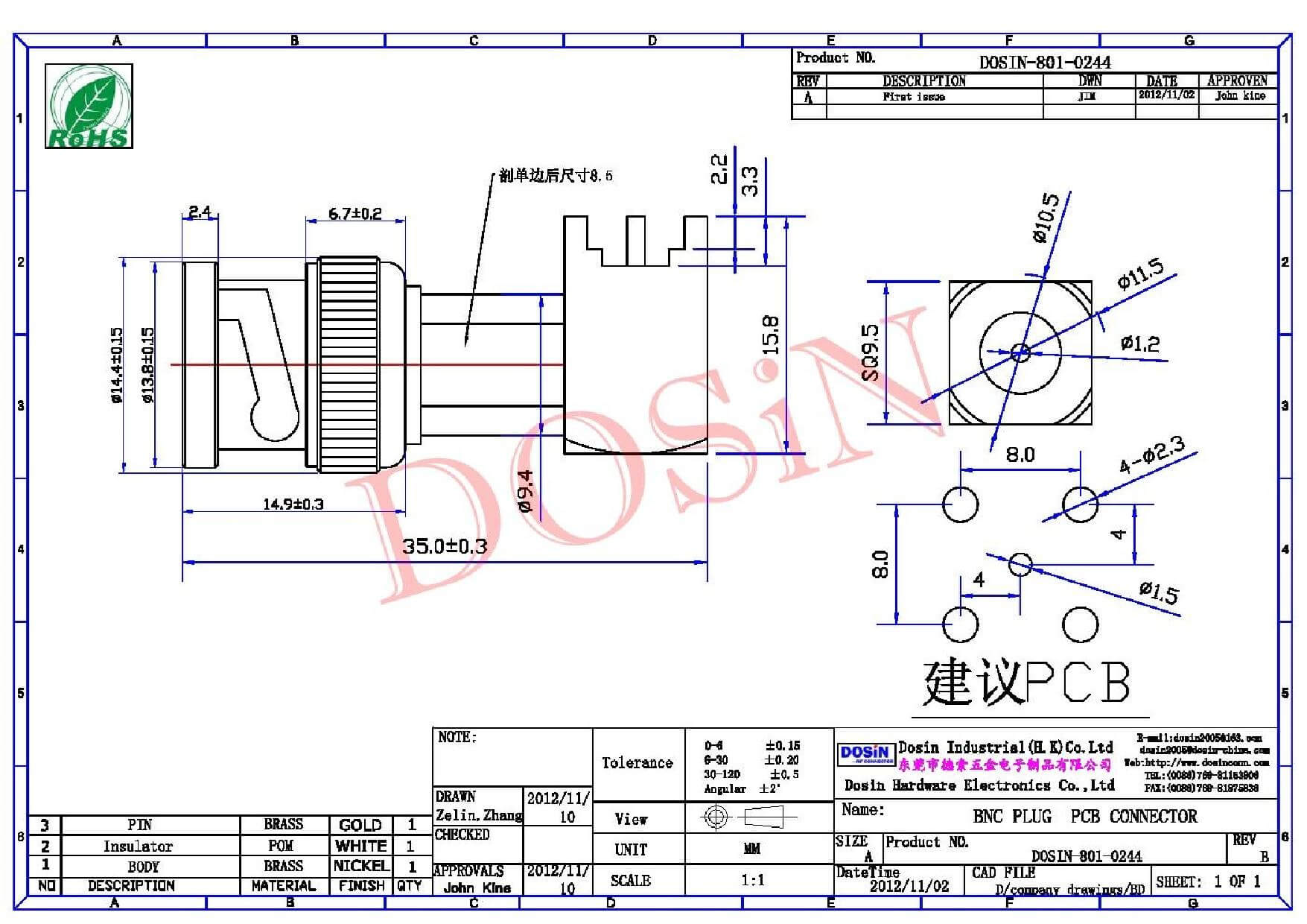 bnc插板接頭直式母頭穿孔式接PCB板