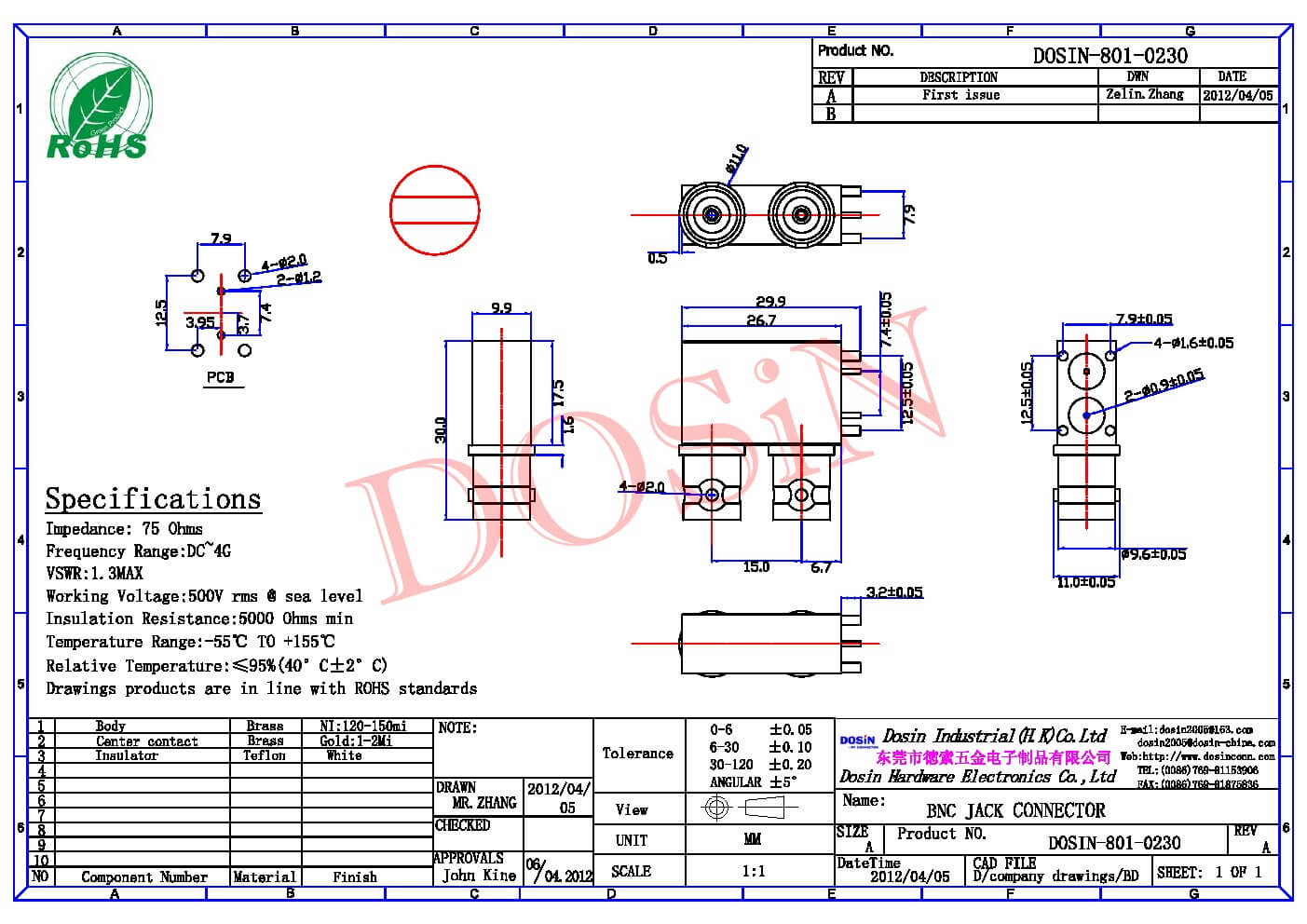HD-SDI BNC連接器公頭直式壓接 75歐姆
