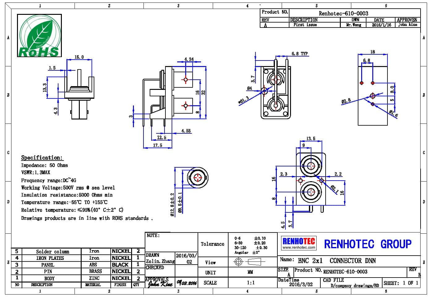 全銅BNC接頭雙母座彎式90度插PCB板