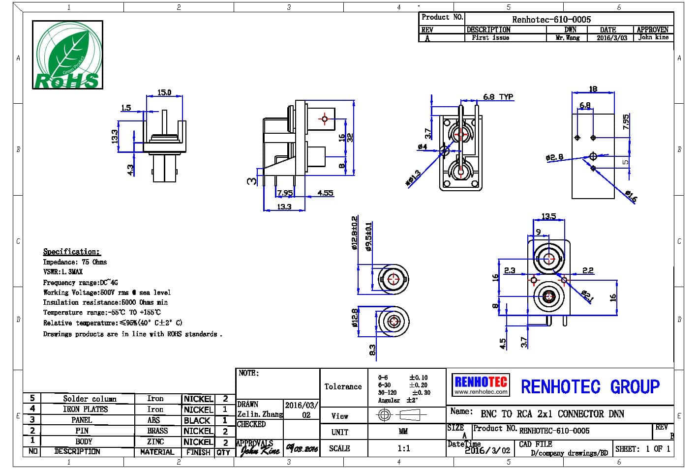 BNC插孔連接器母頭彎式PCB板安裝插孔雙端口卡口連接