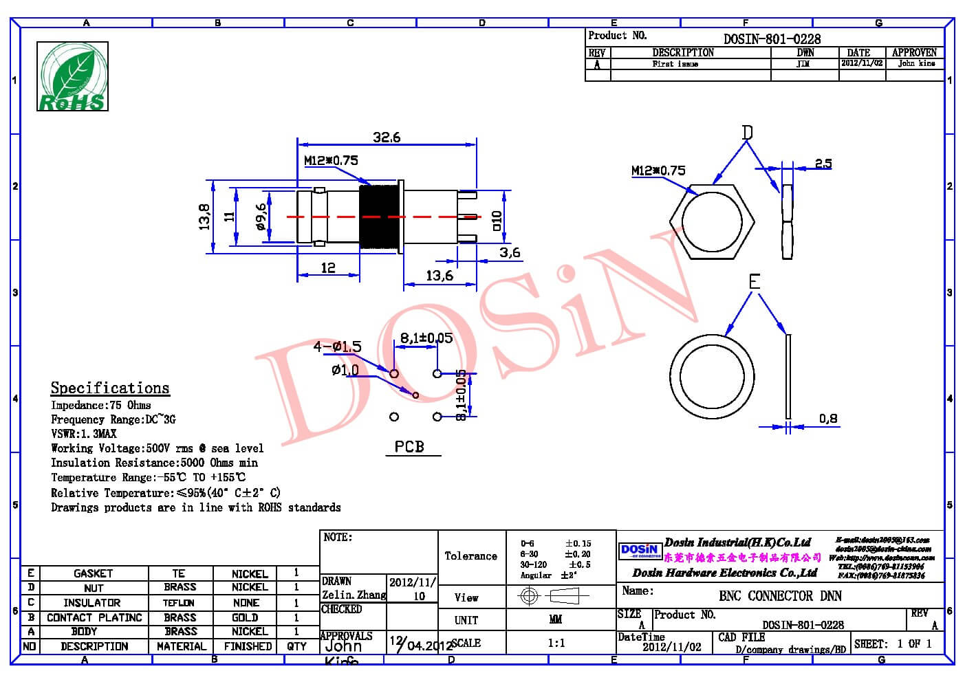 BNC接頭防水母頭直式標準75ΩPCB板安裝插孔鍍鎳連接器