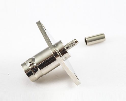 接線壓接BNC母180度連接器面板安裝4孔法蘭用于RG174/RG316